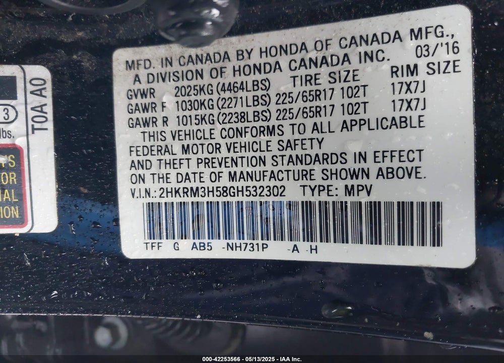 2016 HONDA CR-V EX VIN: 2HKRM3H58GH532302