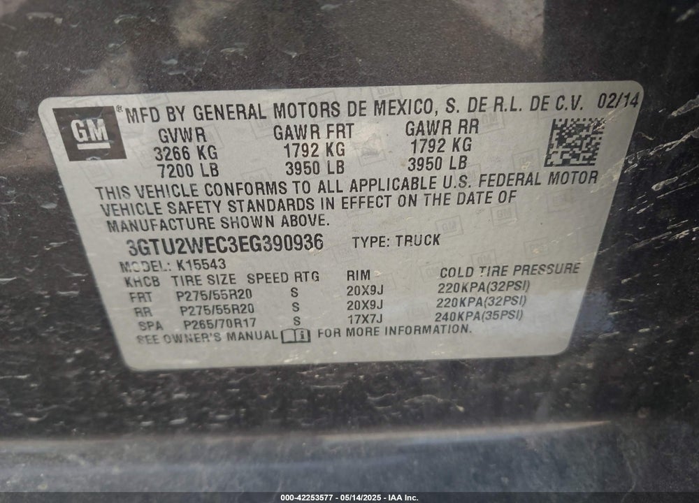 2014 GMC SIERRA 1500 DENALI VIN: 3GTU2WEC3EG390936