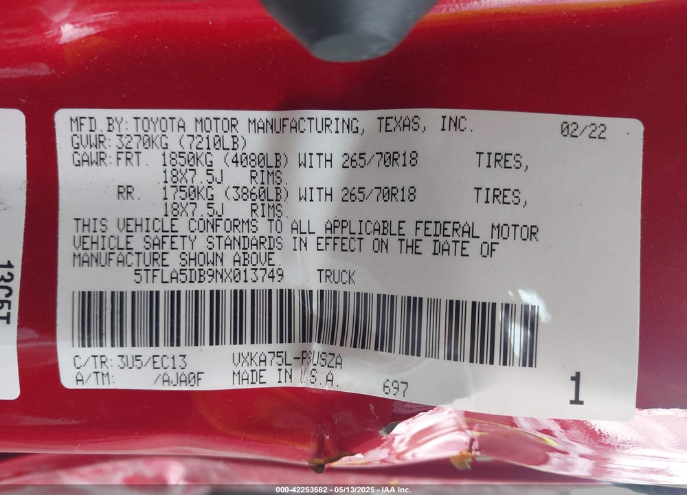 2022 TOYOTA TUNDRA VIN: 5TFLA5DB9NX013749