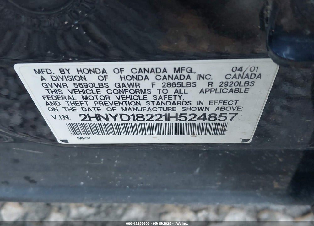 2001 ACURA MDX VIN: 2HNYD18221H524857