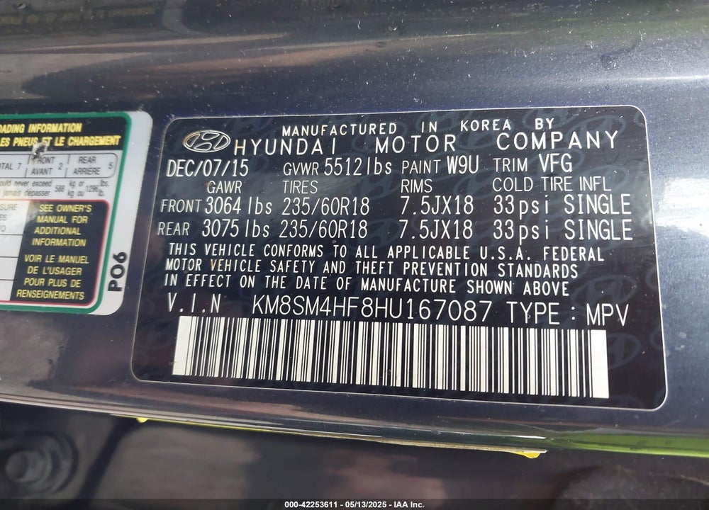 2017 HYUNDAI SANTA FE VIN: KM8SM4HF8HU167087