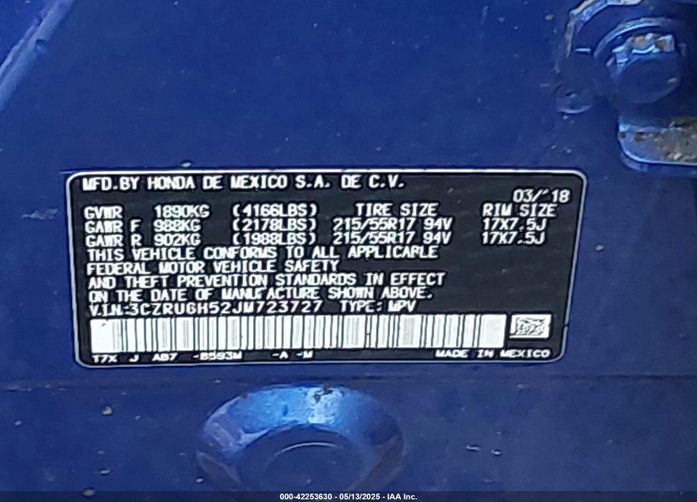 2018 HONDA HR-V VIN: 3CZRU6H52JM723727