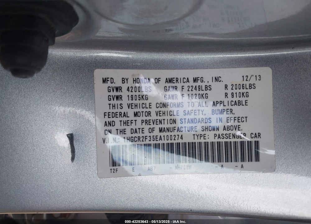 2014 HONDA ACCORD VIN: 1HGCR2F35EA100274