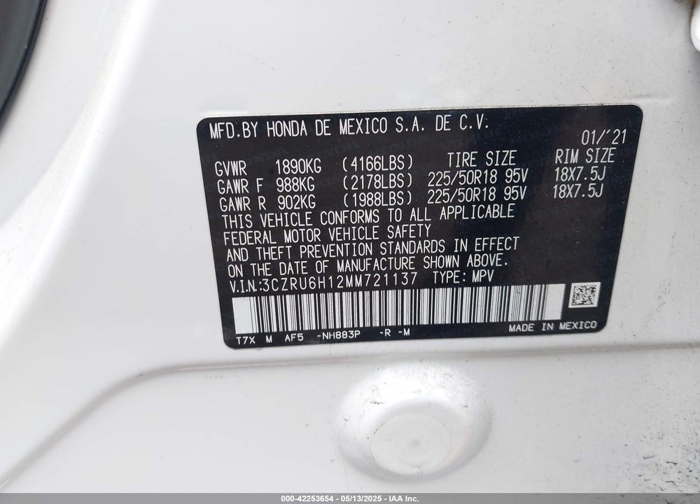 2021 HONDA HR-V VIN: 3CZRU6H12MM721137
