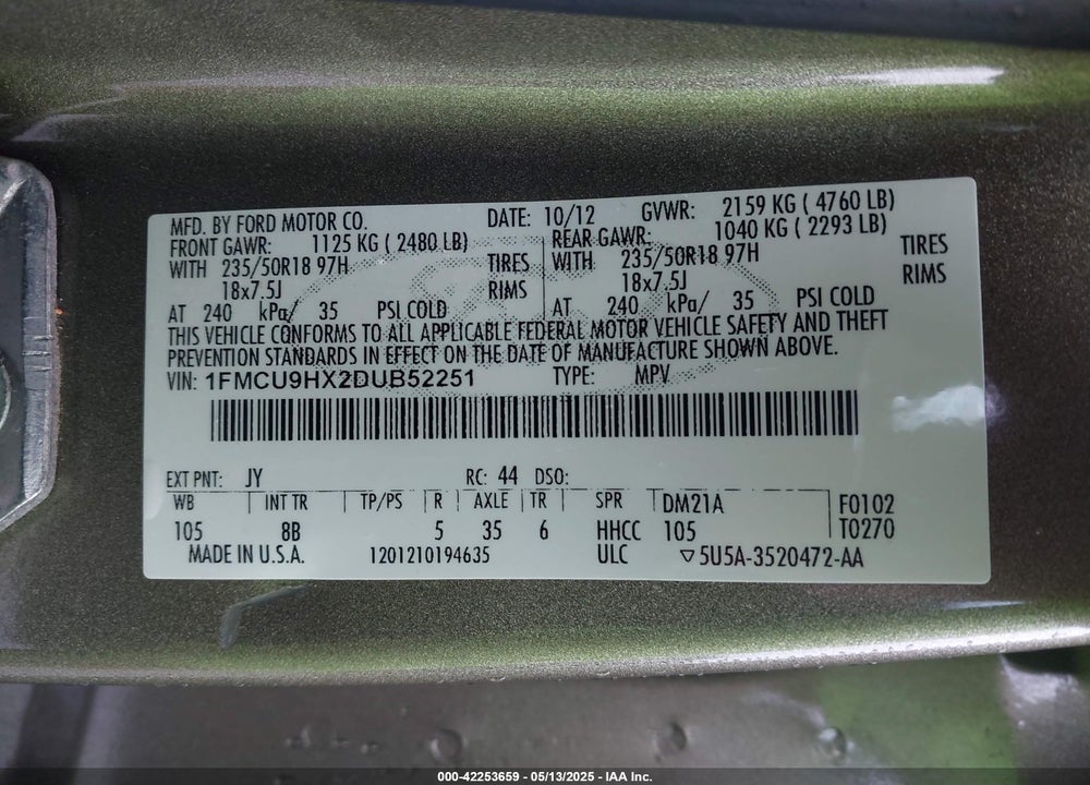 2013 FORD ESCAPE VIN: 1FMCU9HX2DUB52251