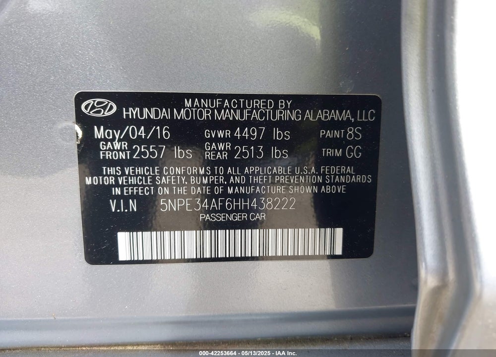 2017 HYUNDAI SONATA VIN: 5NPE34AF6HH438222