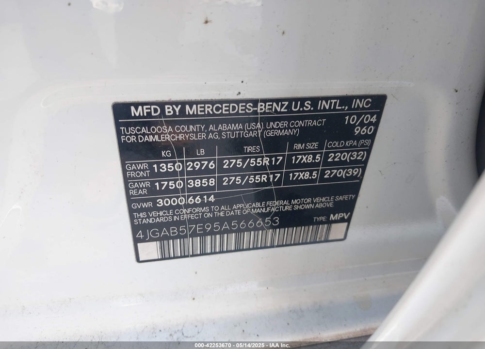 2005 MERCEDES-BENZ ML 350 4MATIC VIN: 4JGAB57E95A566653