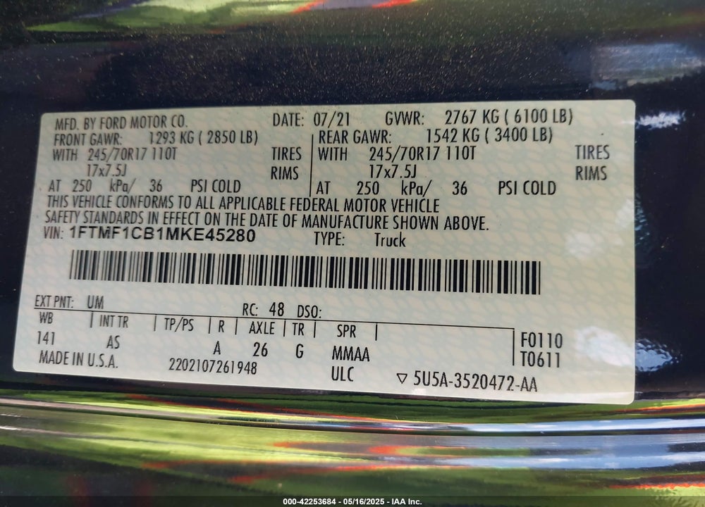 2021 FORD F-150 XL VIN: 1FTMF1CB1MKE45280