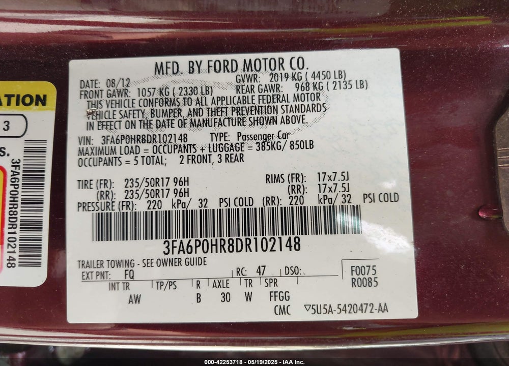 2013 FORD FUSION VIN: 3FA6P0HR8DR102148