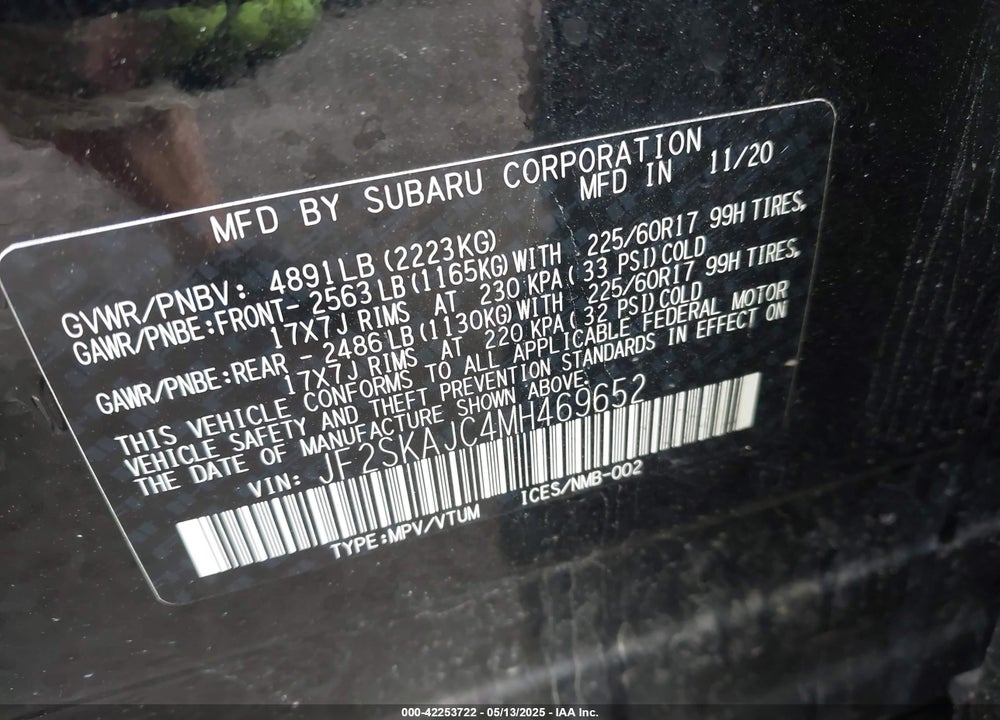 2021 SUBARU FORESTER PREMIUM VIN: JF2SKAJC4MH469652
