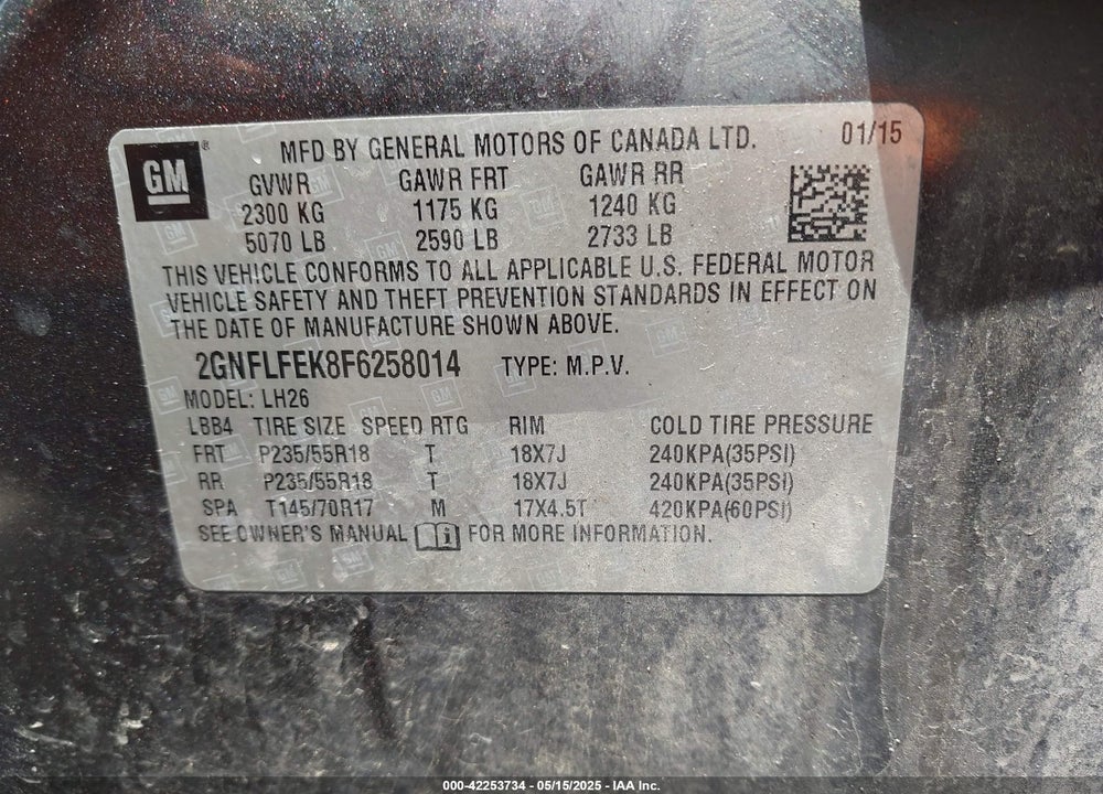 2015 CHEVROLET EQUINOX VIN: 2GNFLFEK8F6258014