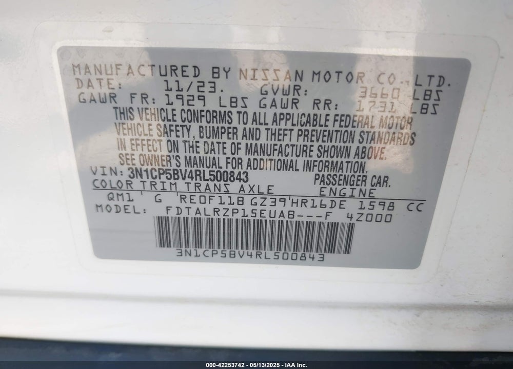 2024 NISSAN KICKS S XTRONIC CVT VIN: 3N1CP5BV4RL500843