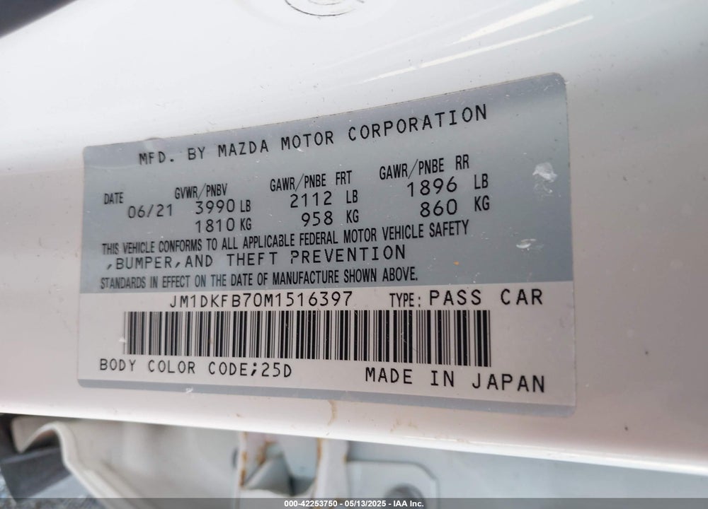 2021 MAZDA CX-3 VIN: JM1DKFB70M1516397