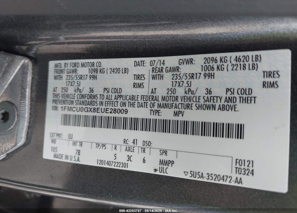 2014 FORD ESCAPE VIN: 1FMCU0GX8EUE28009