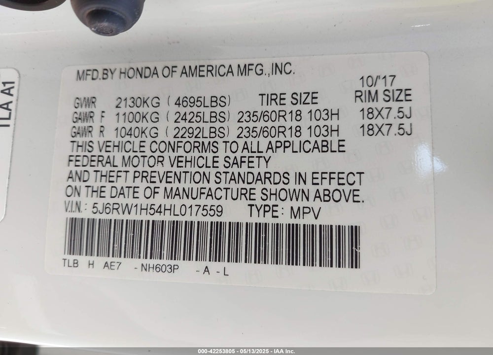 2017 HONDA CR-V EX VIN: 5J6RW1H54HL017559
