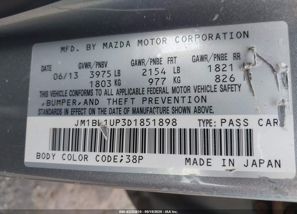 2013 MAZDA 3 I SPORT VIN: JM1BL1UP3D1851898