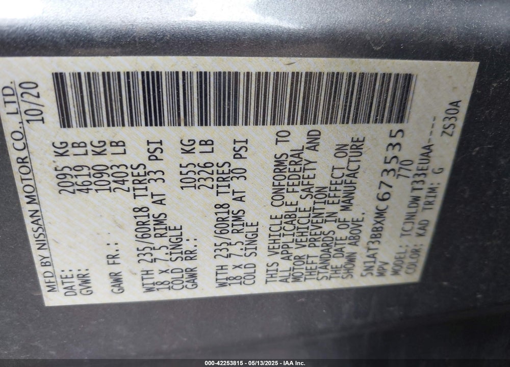 2021 NISSAN ROGUE VIN: 5N1AT3BBXMC673535