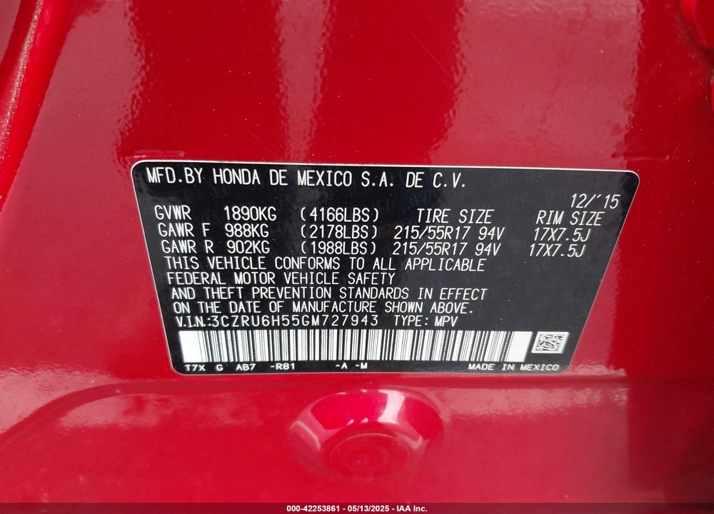 2016 HONDA HR-V VIN: 3CZRU6H55GM727943
