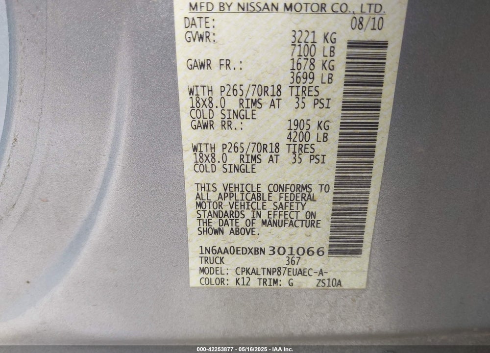 2011 NISSAN TITAN SV VIN: 1N6AA0EDXBN301066