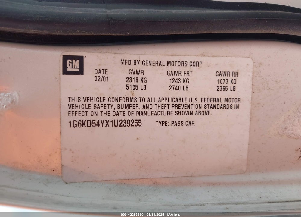 2001 CADILLAC DEVILLE STANDARD W/W20 VIN: 1G6KD54YX1U239255