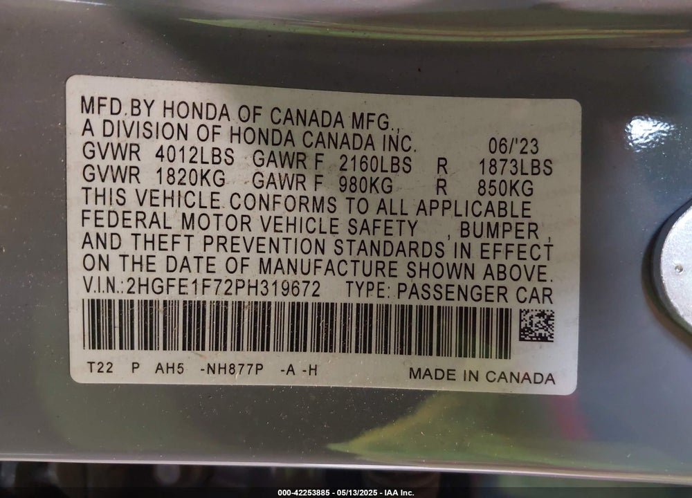 2023 HONDA CIVIC VIN: 2HGFE1F72PH319672