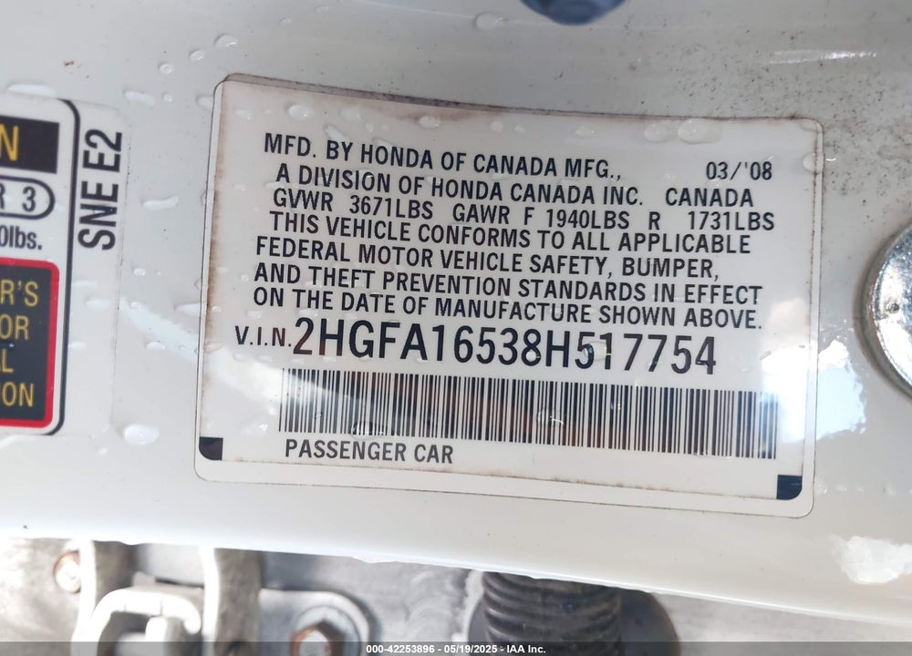 2008 HONDA CIVIC LX VIN: 2HGFA16538H517754