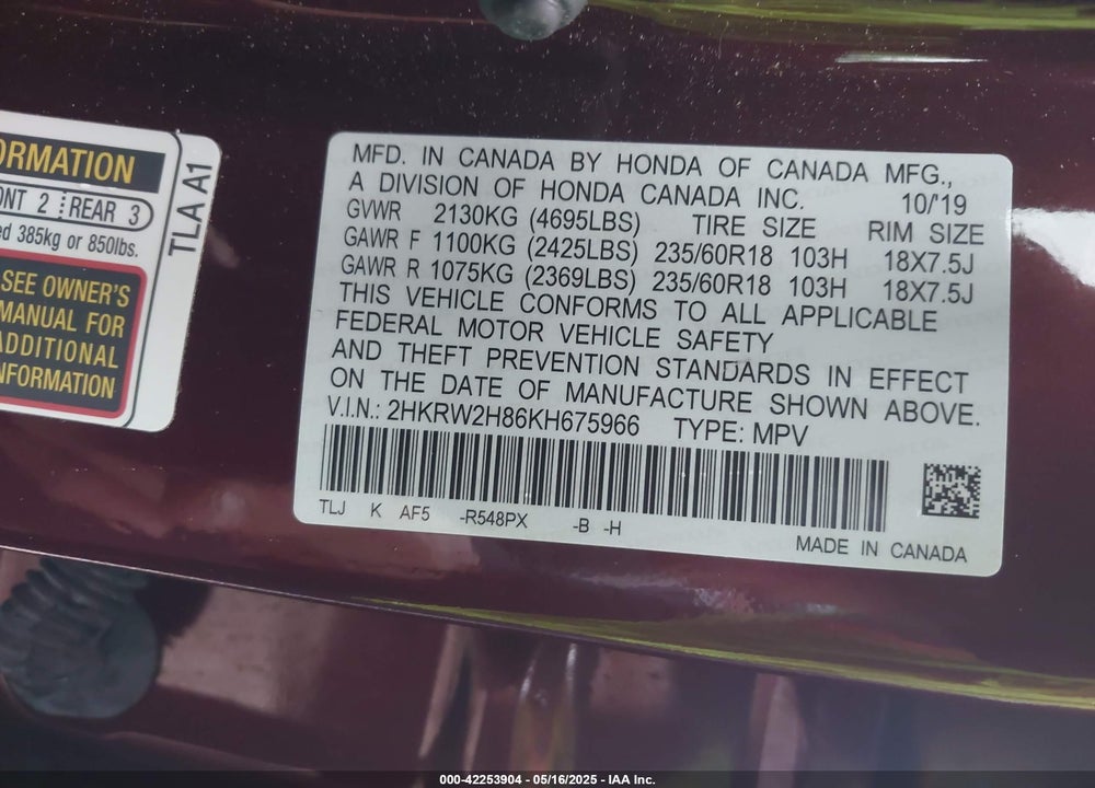 2019 HONDA CR-V VIN: 2HKRW2H86KH675966