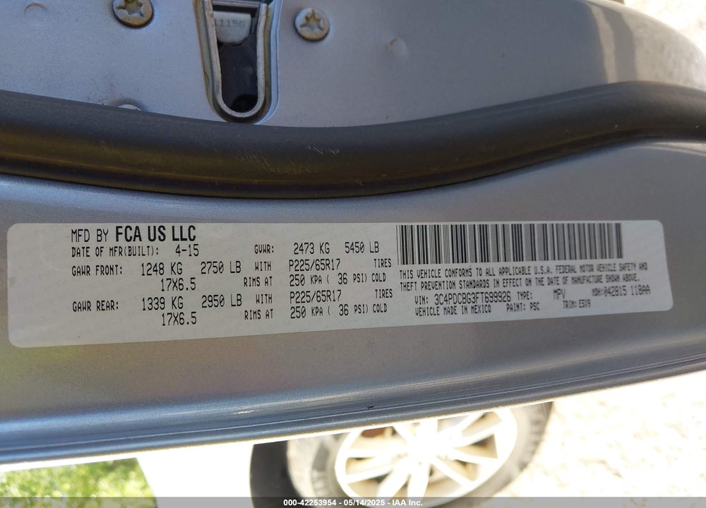 2015 DODGE JOURNEY VIN: 3C4PDCBG3FT699926