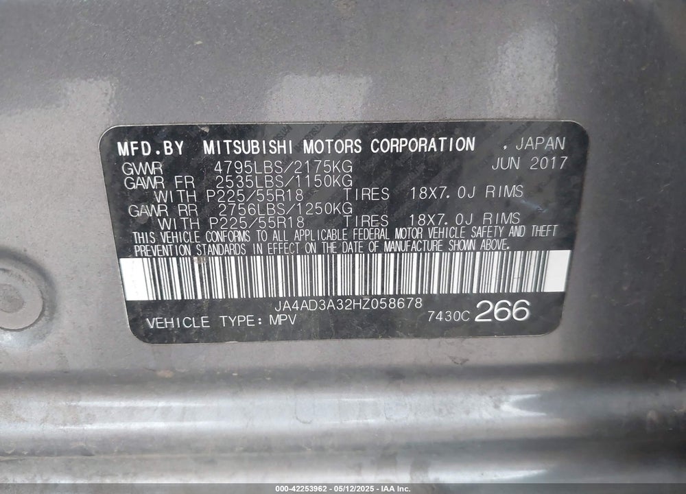 2017 MITSUBISHI OUTLANDER VIN: JA4AD3A32HZ058678