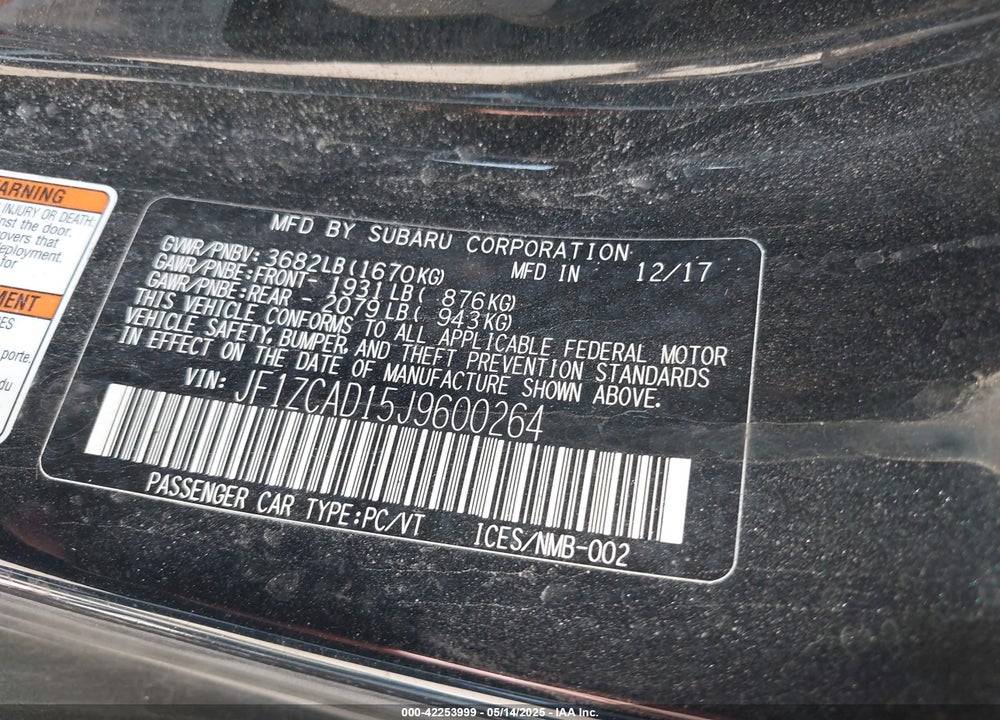 2018 SUBARU BRZ VIN: JF1ZCAD15J9600264
