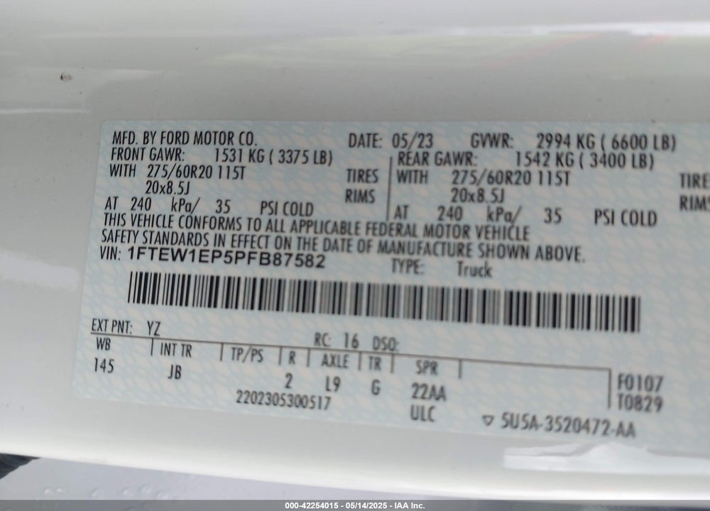 2023 FORD F-150 VIN: 1FTEW1EP5PFB87582