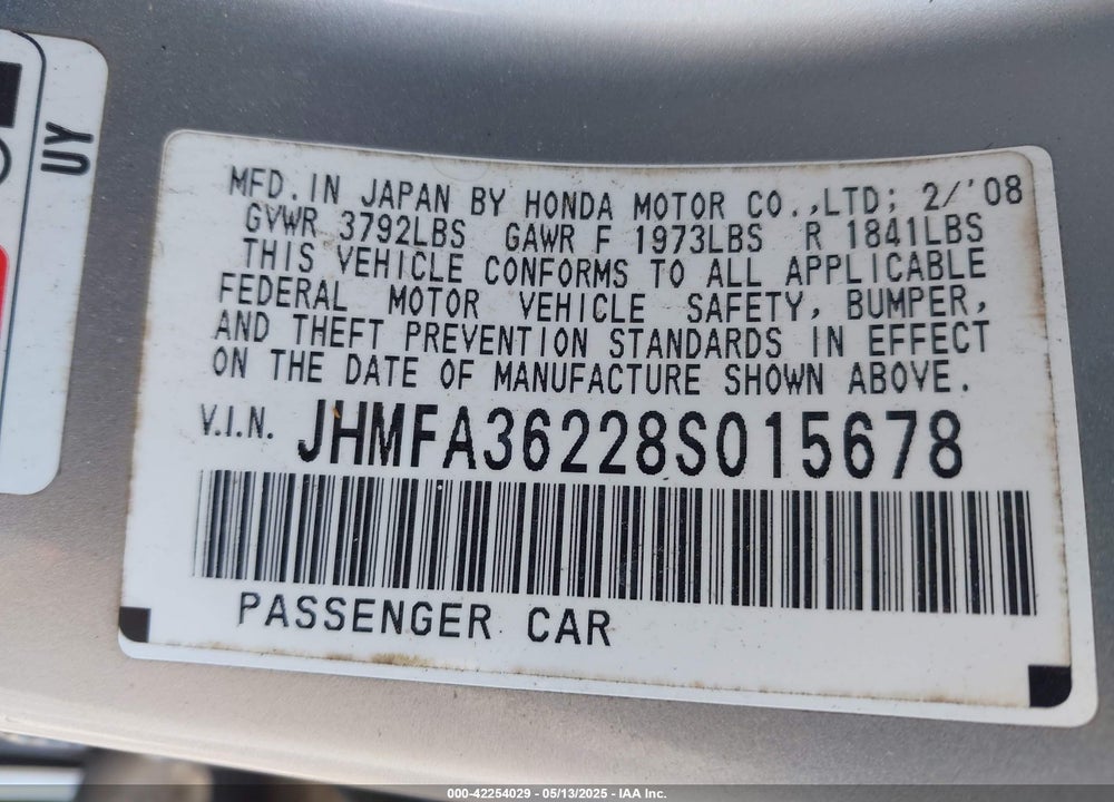 2008 HONDA CIVIC HYBRID VIN: JHMFA36228S015678