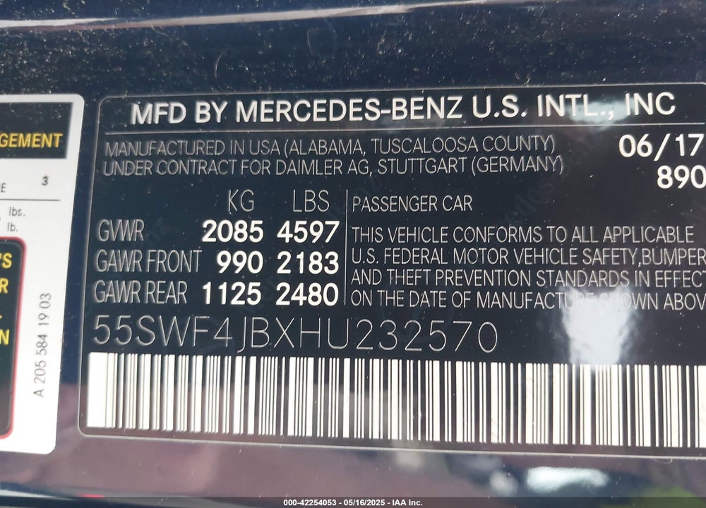 2017 MERCEDES-BENZ C CLASS VIN: 55SWF4JBXHU232570