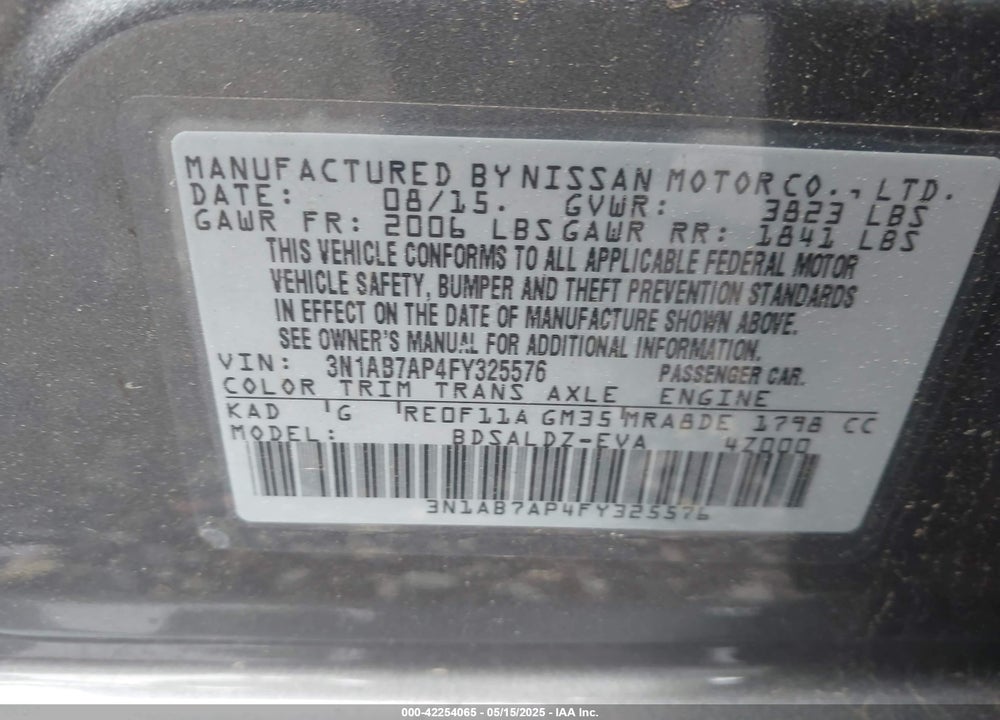 2015 NISSAN SENTRA VIN: 3N1AB7AP4FY325576