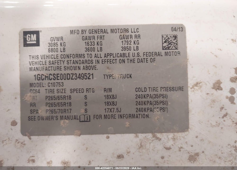 2013 CHEVROLET SILVERADO 1500 VIN: 1GCRCSE00DZ349521