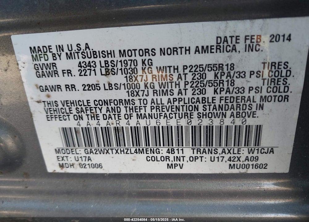 2014 MITSUBISHI OUTLANDER SPORT VIN: 4A4AR4AU6EE023840