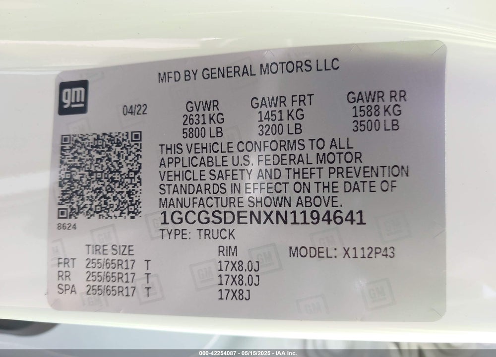 2022 CHEVROLET COLORADO VIN: 1GCGSDENXN1194641