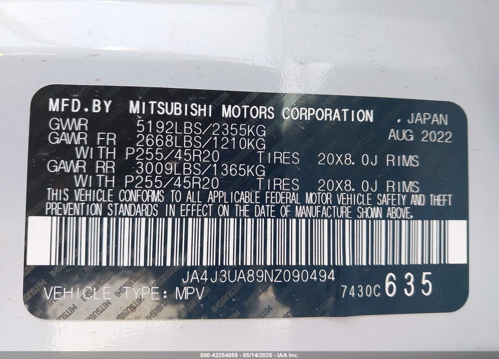 2022 MITSUBISHI OUTLANDER BLACK EDITION 2WD/SE 2.5 2WD/SE LAUNCH EDITION 2WD VIN: JA4J3UA89NZ090494