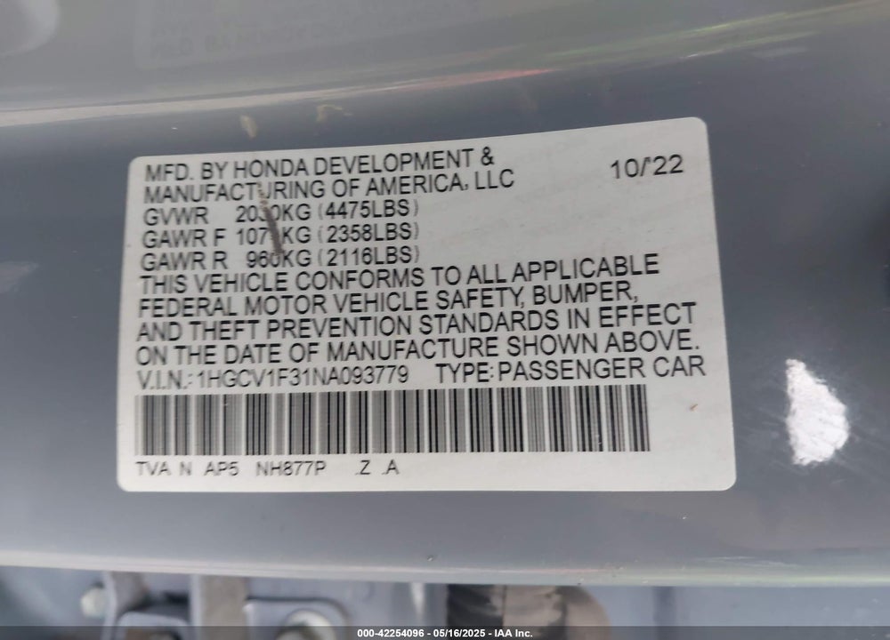 2022 HONDA ACCORD VIN: 1HGCV1F31NA093779