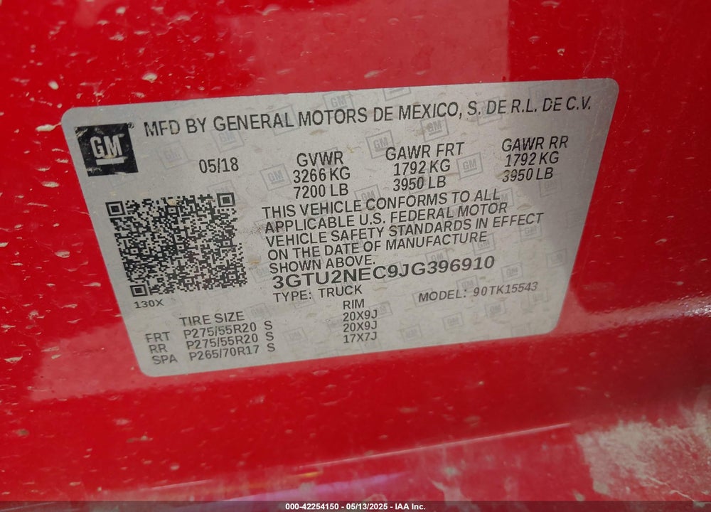 2018 GMC SIERRA 1500 VIN: 3GTU2NEC9JG396910