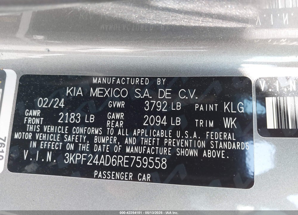 2024 KIA FORTE VIN: 3KPF24AD6RE759558