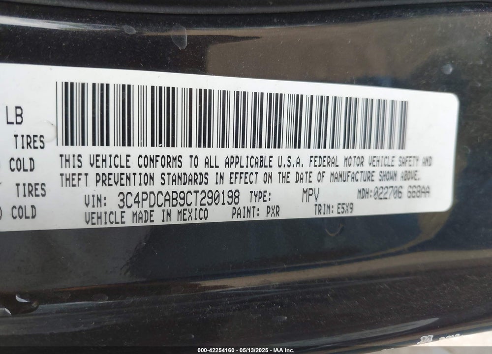 2012 DODGE JOURNEY SE/AVP VIN: 3C4PDCAB9CT290198