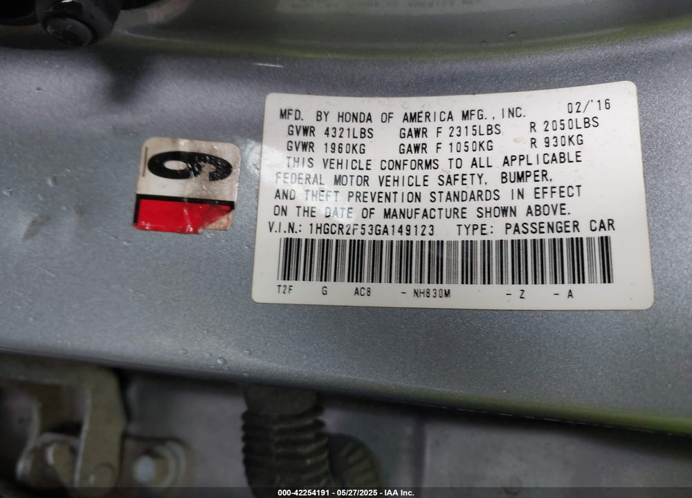 2016 HONDA ACCORD SPORT VIN: 1HGCR2F53GA149123