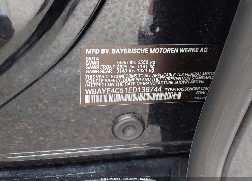 2014 BMW 740LI VIN: WBAYE4C51ED138744