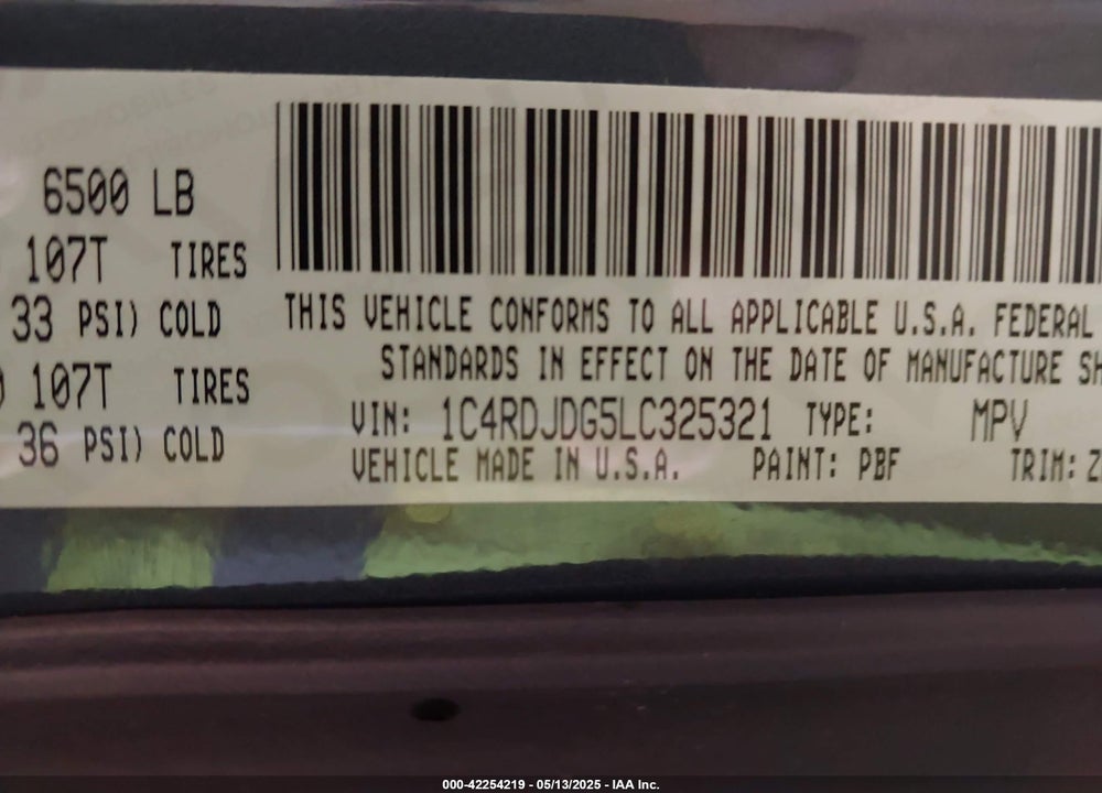 2020 DODGE DURANGO VIN: 1C4RDJDG5LC325321