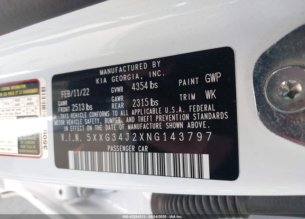2022 KIA K5 VIN: 5XXG34J2XNG143797