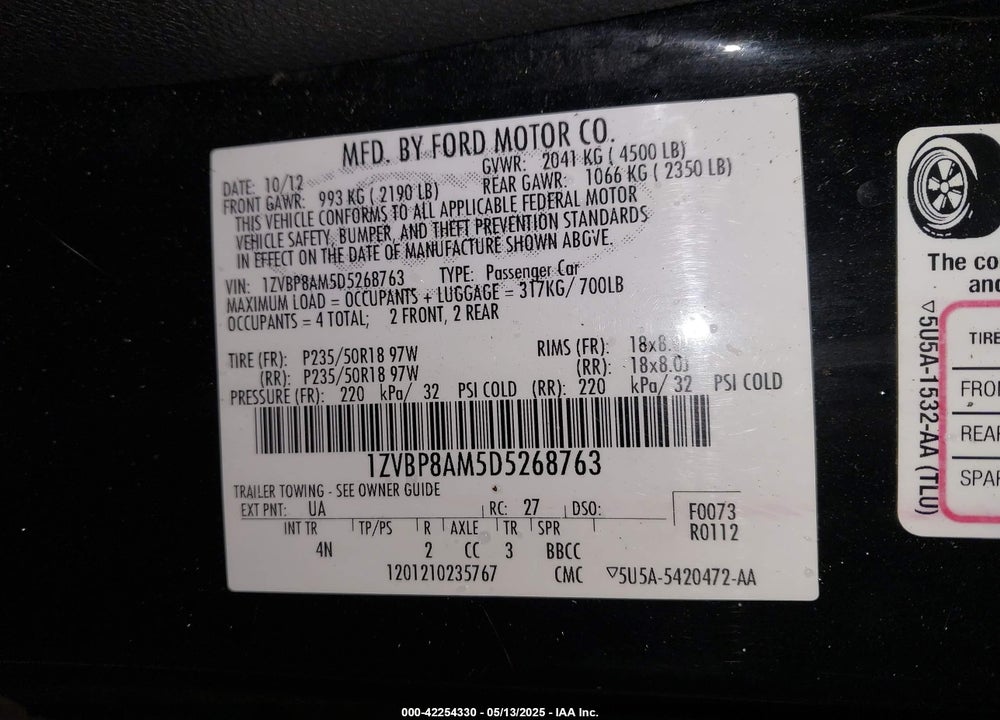 2013 FORD MUSTANG VIN: 1ZVBP8AM5D5268763