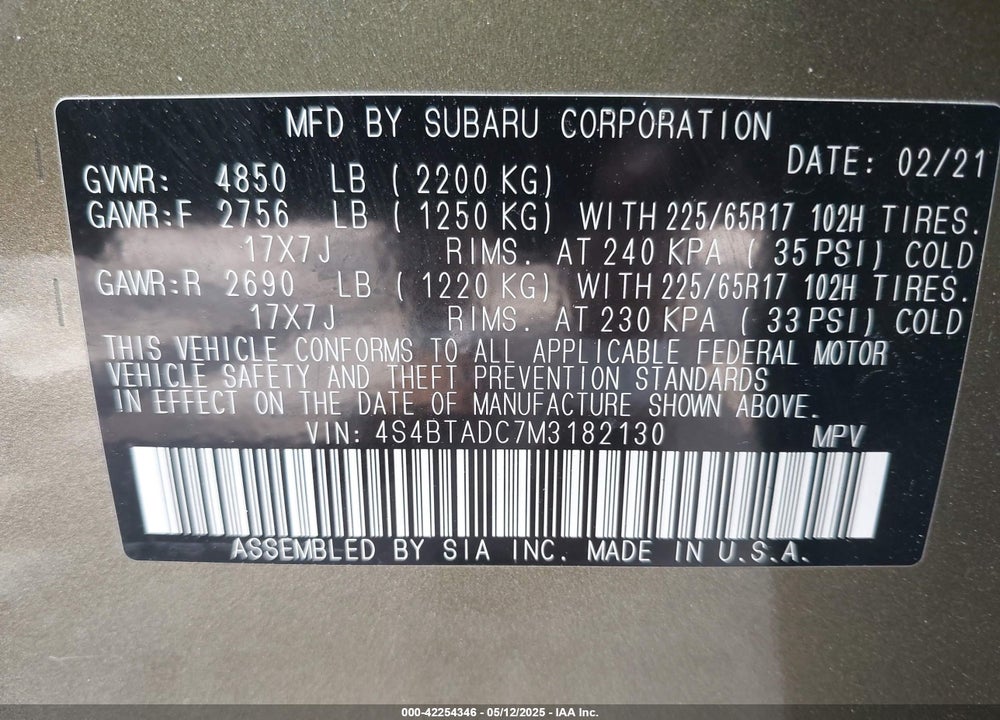 2021 SUBARU OUTBACK PREMIUM VIN: 4S4BTADC7M3182130