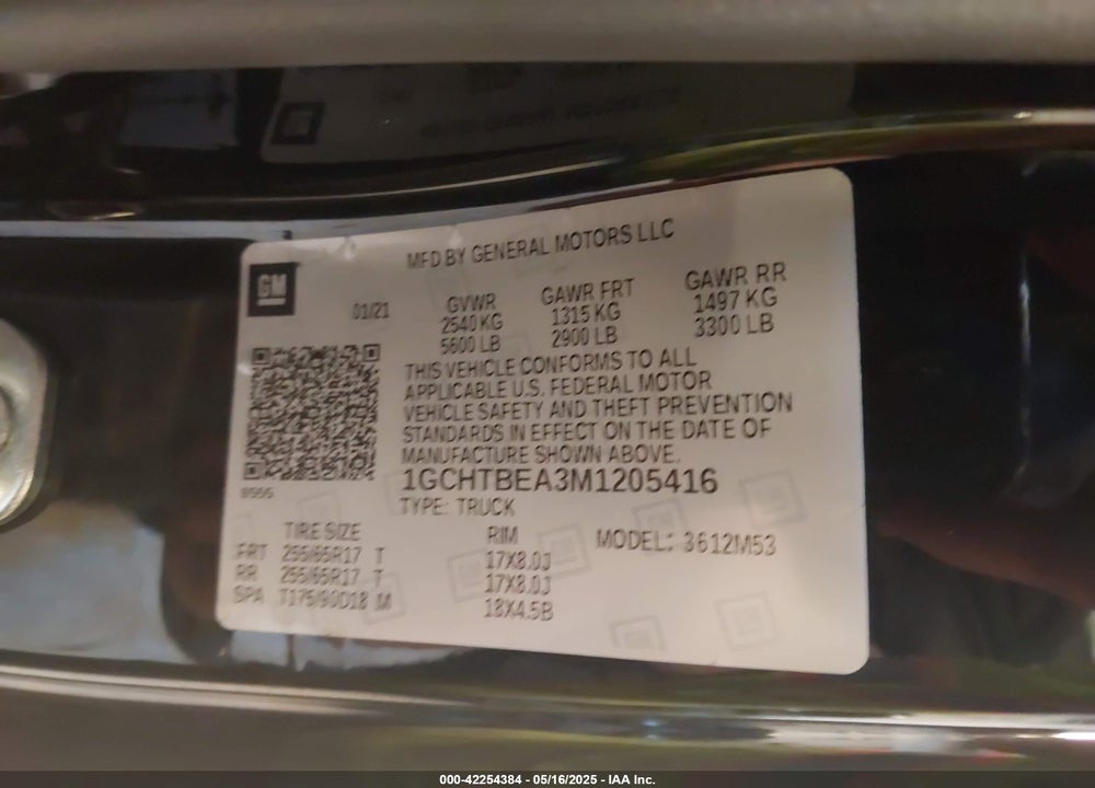 2021 CHEVROLET COLORADO VIN: 1GCHTBEA3M1205416