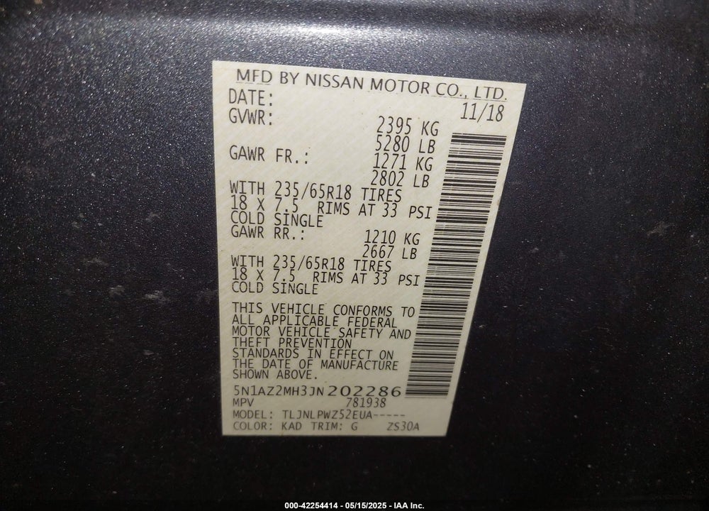 2018 NISSAN MURANO S VIN: 5N1AZ2MH3JN202286